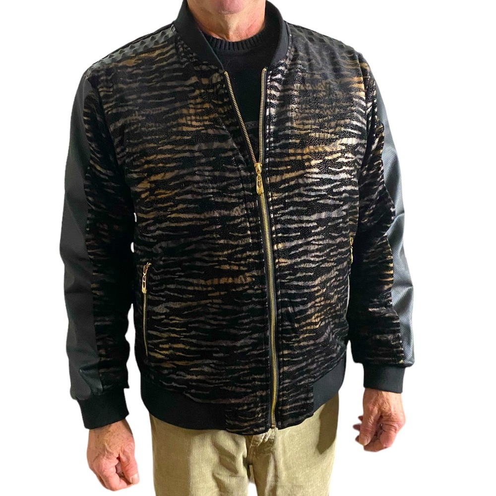 INSERCH Limited Edition Italy Black Velour Gold Textured Faux Leather Jacket L